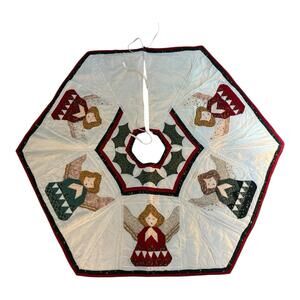 Vintage Quilt Christmas Tree Skirt Handmade Angels Red Green Cream/White 45”